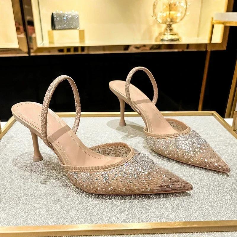 Fashion Luxury Designer Shiny Rhinestone Mesh Heeled Sandals Women Summer Sexy Pointed Toe Slingbacks Thin High Heels Elegant Dress Shoe
