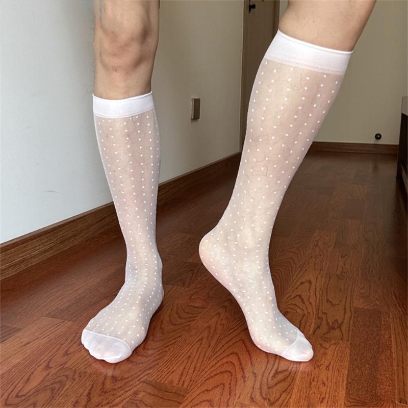 Men's Fashionable Sheer Over the Calf Long Socks Breathable See Through Dot Pattern Dress Suit Socks for Business Wear