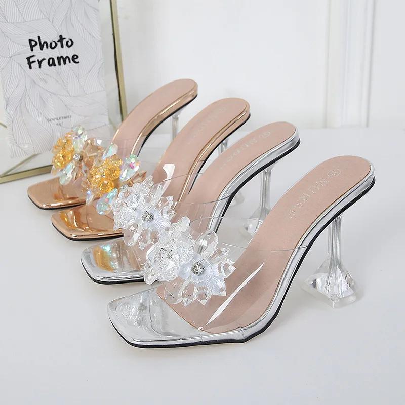 

FASHION Summer Women Slingback Pumps Luxury Transparent High Heels Sandals Sexy Square Toe Mules Slippers Party Fashion Shoes
