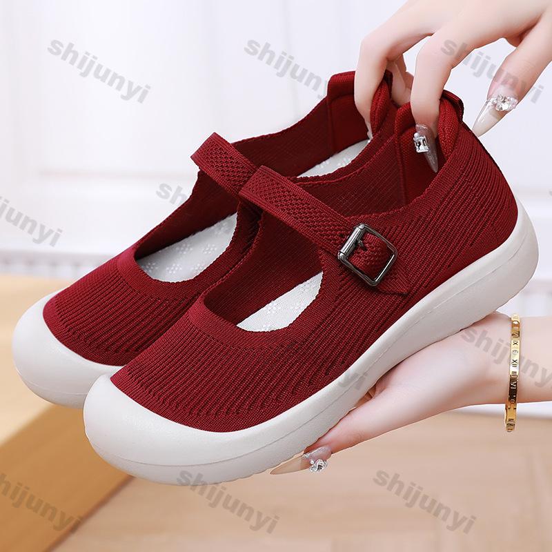 Fashion Women Shoes 2025 Spring Comfortable Soft Sole Buckle Strap Mothers Shoes Breathable Mesh Non Slip Women Fly Weave Casual Shoes