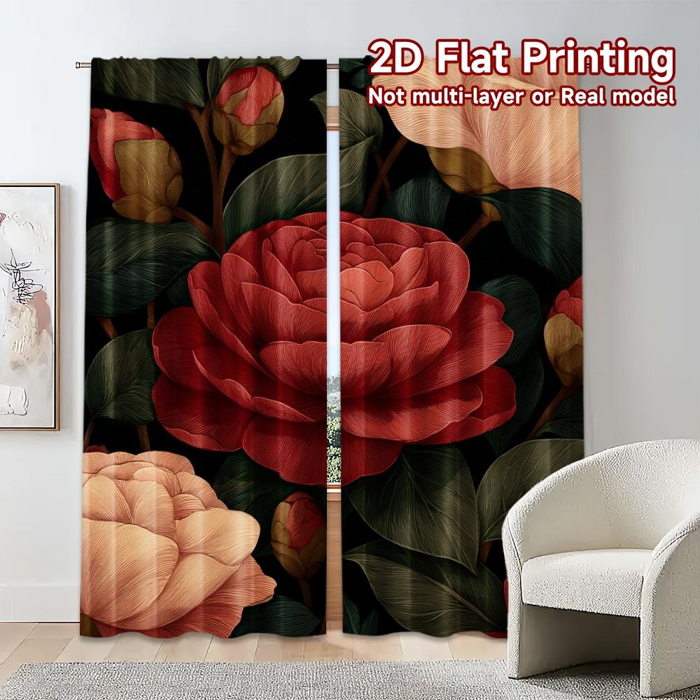 Set Of 2 Flat Printing Curtains Without Rod Floral Rose Arrangement Valentine Is Day Festival Creative Versatile Curtain Polyester