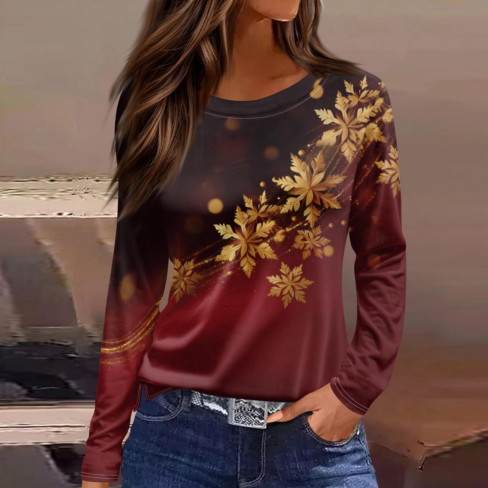 

Женская модная повседневная футболка с разрезом и круглым вырезом, длинным рукавом, свободная, с принтом, женская футболка на Рождество S коричневый