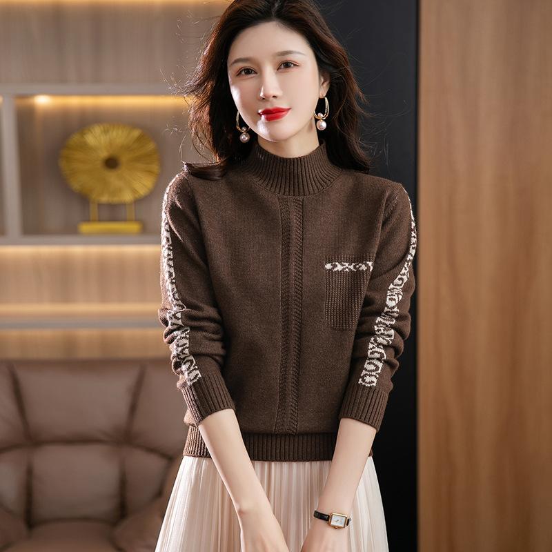 Half High Neck Knitted Sweater for Women Paired with Autumn Winter Short Style Jacquard Fashion Casual Western-style Base Sweater for Women