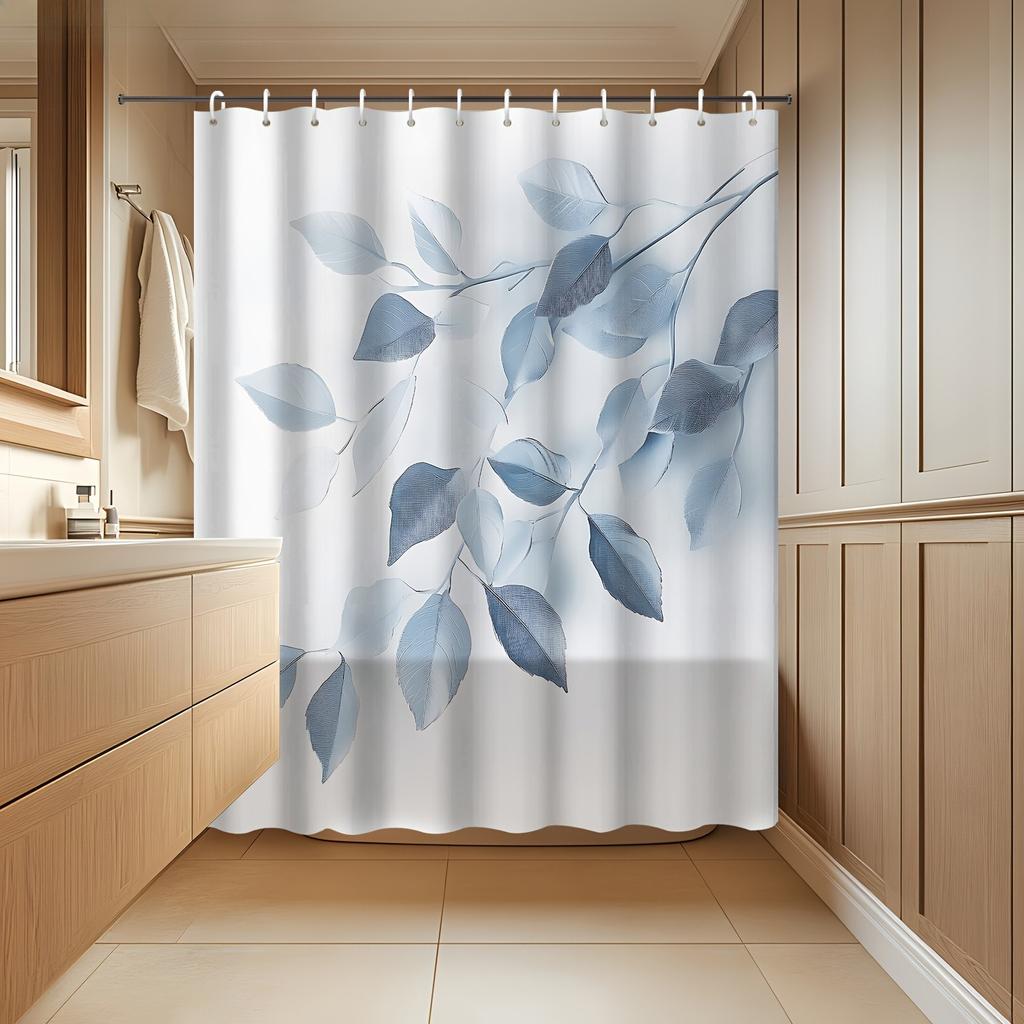 1pc Nordic pastoral plant leaf haze blue eucalyptus leaf shower curtain polyester fabric, machine washable suitable for bathroom
