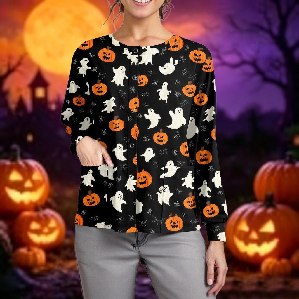 Women's Casual Long Sleeve Cardigan Button Down Lightweight Knit Halloween Printed Open Front Sweater Top for Caregivers and Everyday Wear