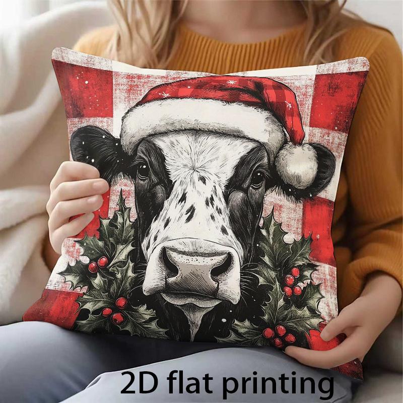 2D Flat Print 1pc Christmas Hat Red Plaid Cow Pattern Double-Sided Print Pillowcase, Holiday Home Decor Cushion Cover with Zipper Closure, Machine Was