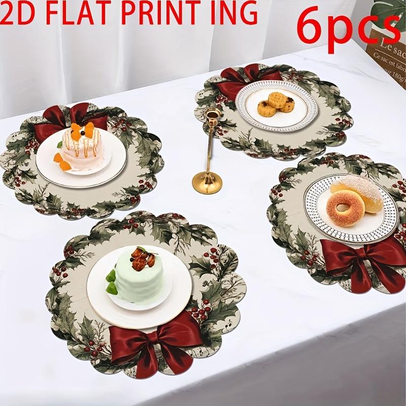 Set of 6 Retro Wreath Design Round Placemats with Musical Notes And Red Bows for Christmas, Holiday Kitchen, Banquet And Party Catering Decoration