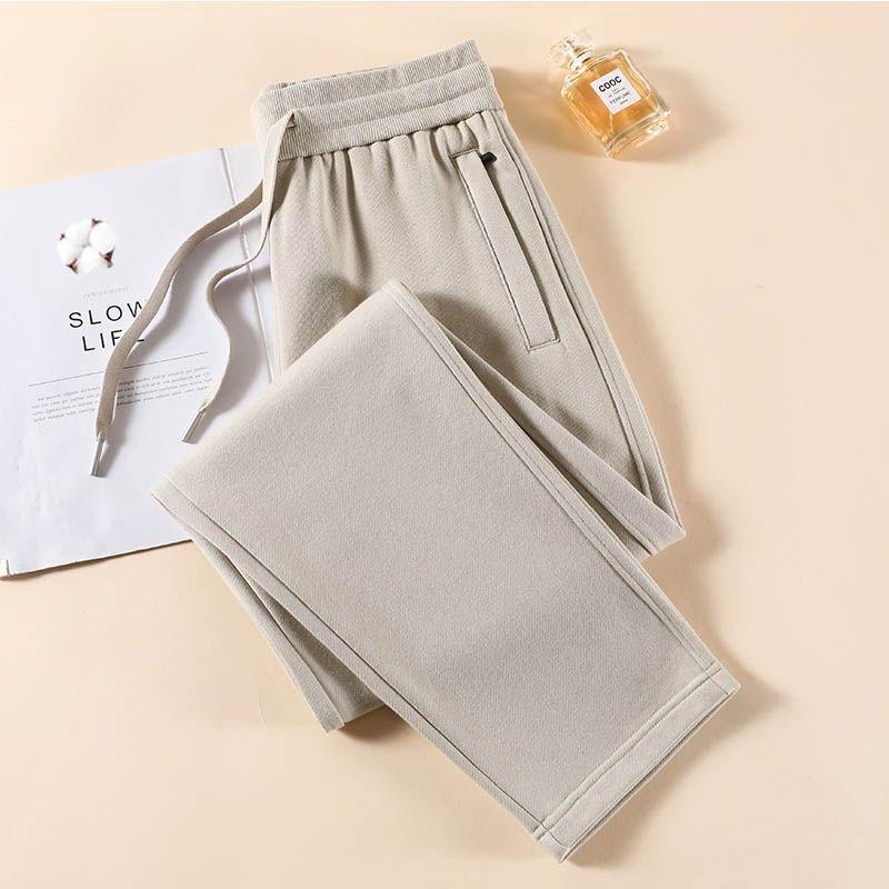 Pure Cotton Apricot Casual High Waist plus Size Straight Sports Pants