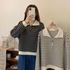 women half-zip striped sweatshirt polo collar long sleeve casual loose fit pullover top