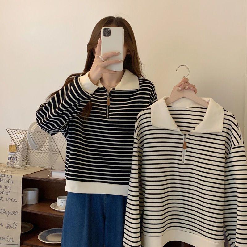 women half-zip striped sweatshirt polo collar long sleeve casual loose fit pullover top