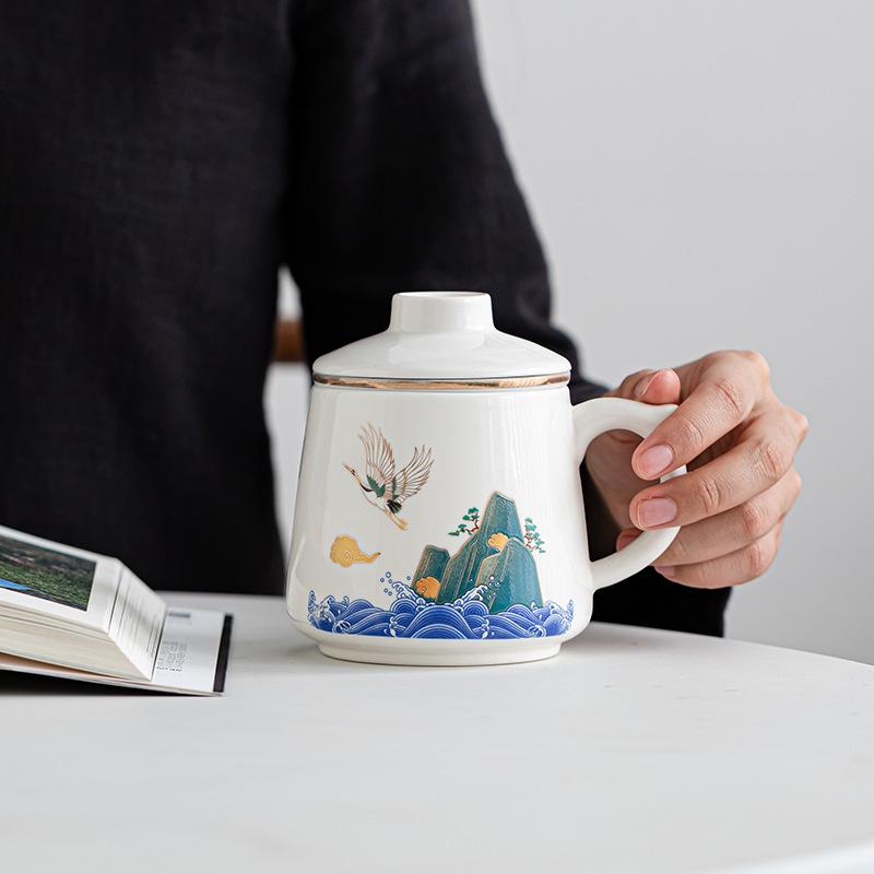 Creative Guofeng Ceramic Three-piece Office Cup Tea Separation Filter Cup White Porcelain Conference Cup Tea Cup Gifts