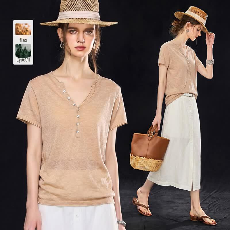 Women s Tencel Linen Blend V-neck Button T-shirt XL верблюд