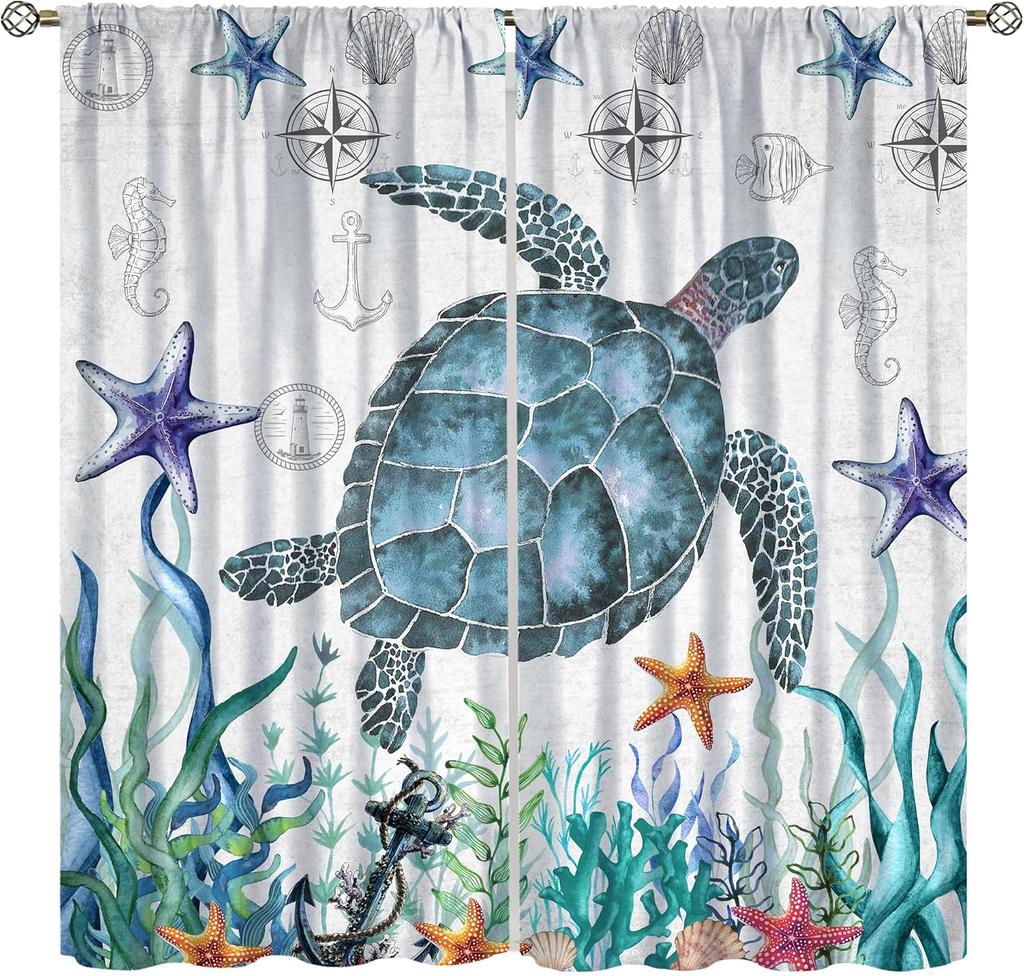 Nautical Ocean Beach Curta,Pink Green Seashell Starfish Coral Coastal Cafe Curta Marine Window Treatment Drapes Home Decor