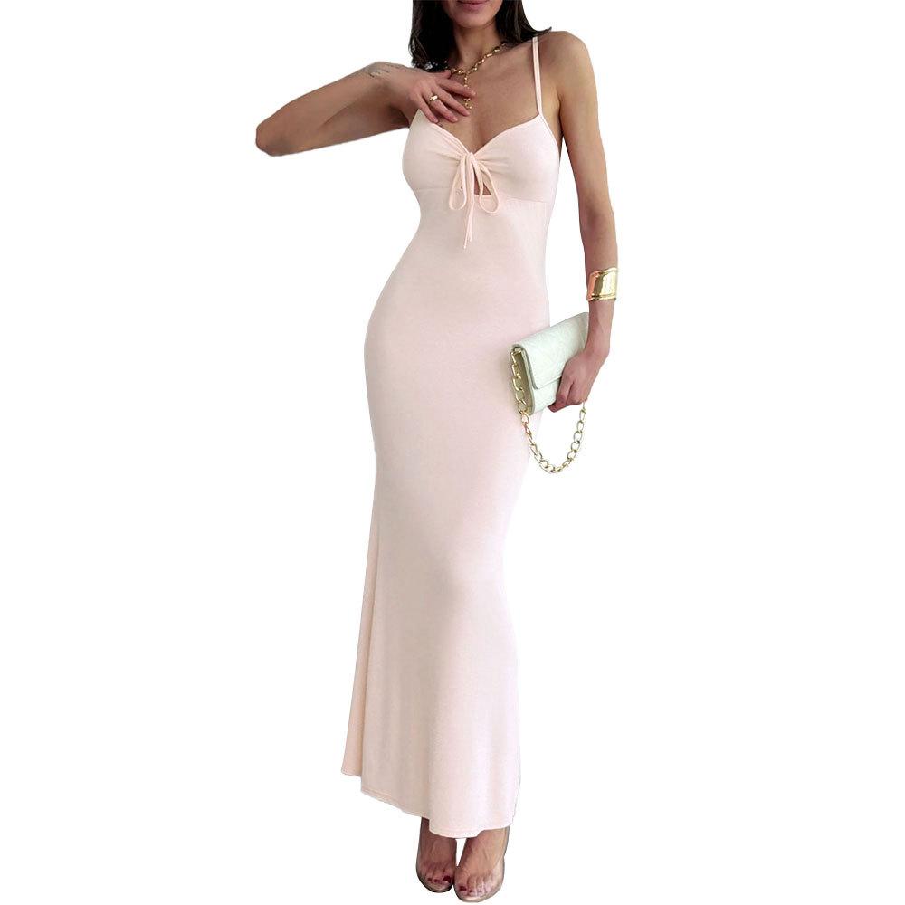 2026 Women's Simple Sexy Dress, Summer Sweet Pink High-Waist Hip-hugging Spaghetti Strap Long Dress