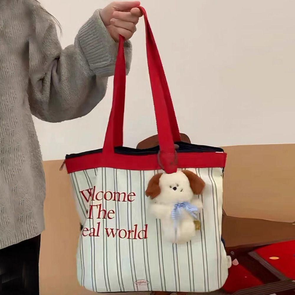 

Korean Style Stripe Tote Bag Large Capacity Handbag Casual Canvas Shoulder Bag Daily красный