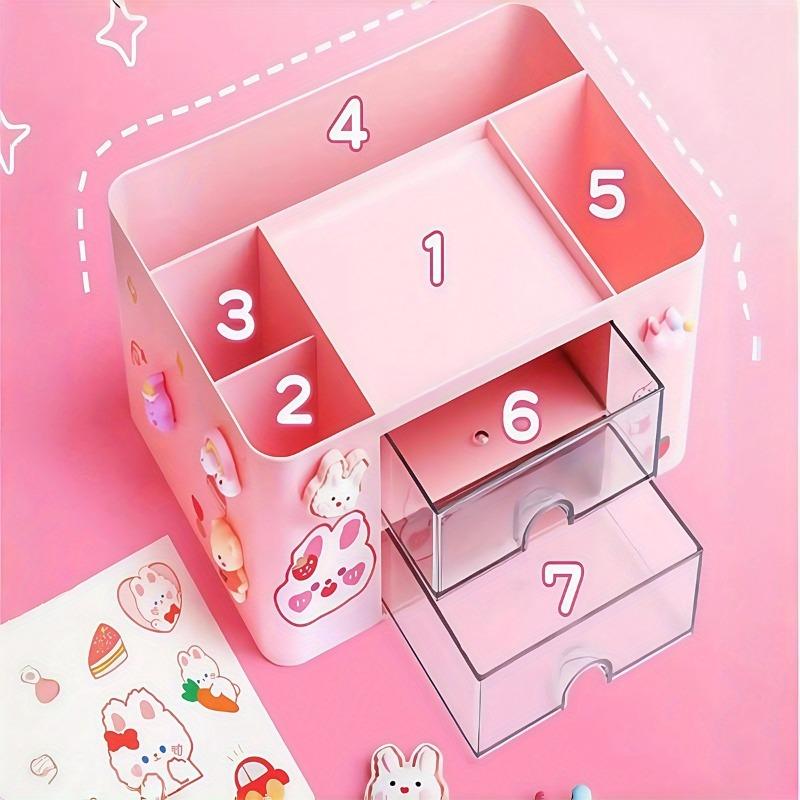 Large Capacity Desk Organizer with Cute Stickers Patches Desk Drawer Storage for Makeup Brush Office School Supplies Organizer