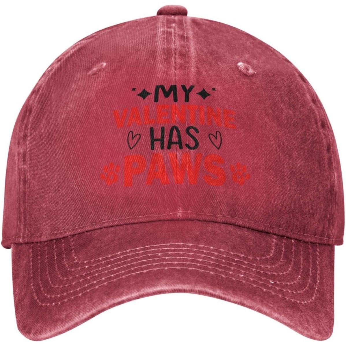 My Valentine Has Paws Dog Lover Baseball Cap Adjustable Vintage Washed Denim Style Dad Hat Can Be Adjusted