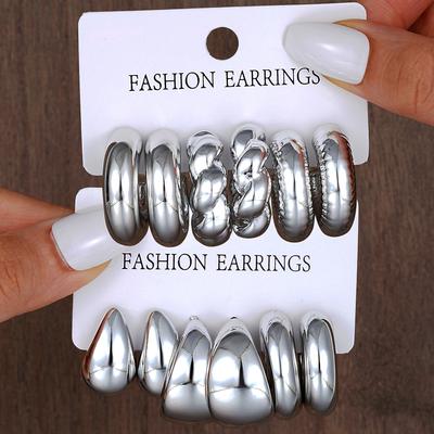 12Pcs/Set Vintage Simple Silver Color Studs For Women Boho Retro Chunk Geometry Design Hoop Earrings Fashion Jewelry Gifts 2024
