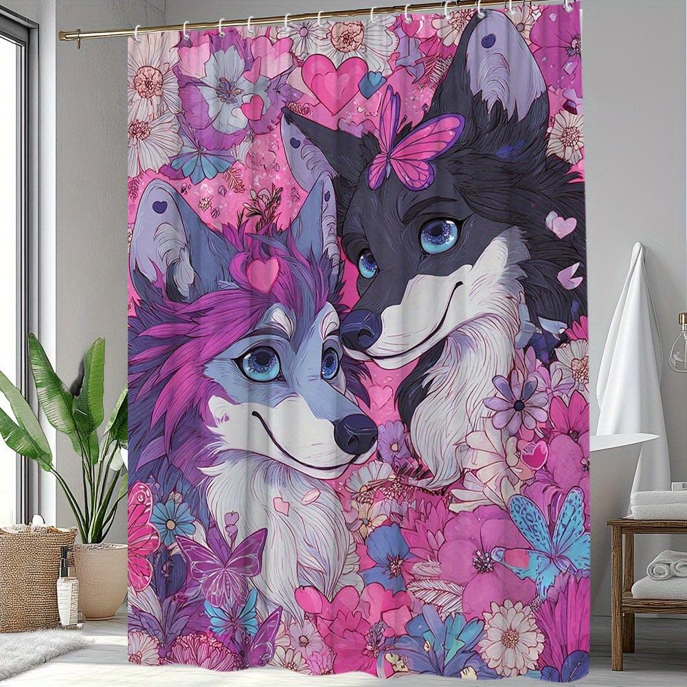 

1pc Valentine S Day Shower Curtain Cute Animal Floral Pattern Wolf and Butterfly Medieval Style Bathroom Decor Polyester Fabric 90x180cm