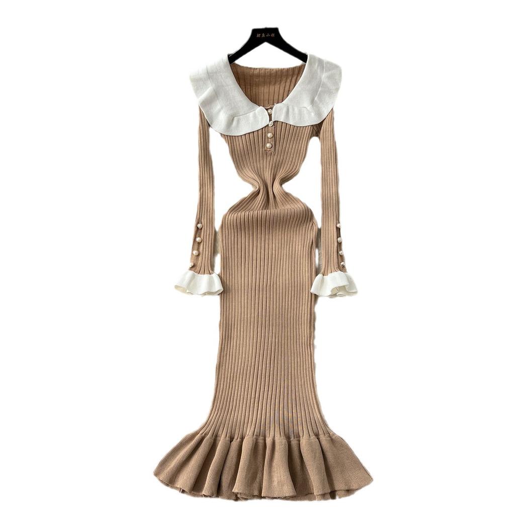 Knitted Dress Women's Autumn and Winter French Retro Color Collision Doll Collar Single-breasted Waist Slim Fishtail Long Dress