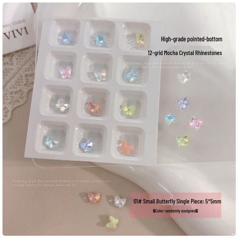 12-Grid Mocha Crystal Rhinestone Nail Art Set: 3D Butterfly, Heart & Square Designs