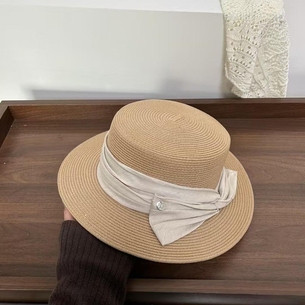 Eleganter Strohhut mit flachem Oberteil für Damen, Frühling und Sommer, hohe Qualität, Reise, vielseitig, Schleife, lässig, Shopping, Sonnenhut