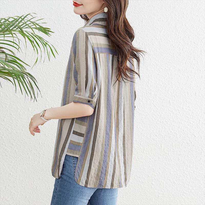 Women's Retro Striped Short-Sleeve Lapel Shirt