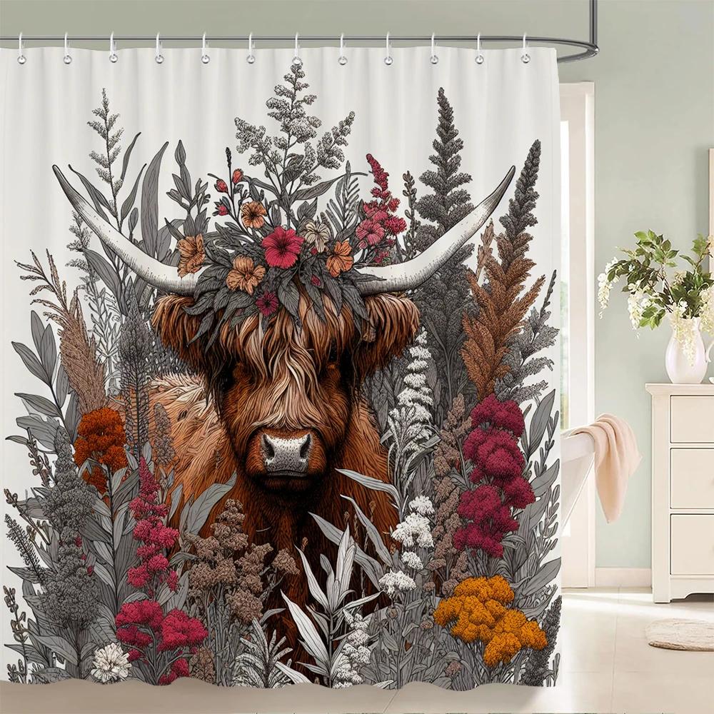 Watercolor Plants And Highland Cow Animal Shower Curtain Print Polyester Waterproof Bathroom Curtains With Hook Decorate Curtain