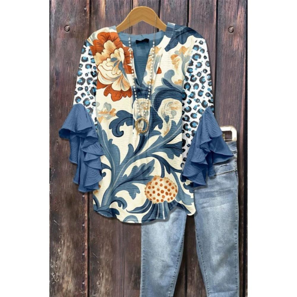 Large Women's Bohemian V-neck Shirt with Ruffle Sleeves, Grey Brown Floral Print Top, Casual Breathable Machine Washable Pullover