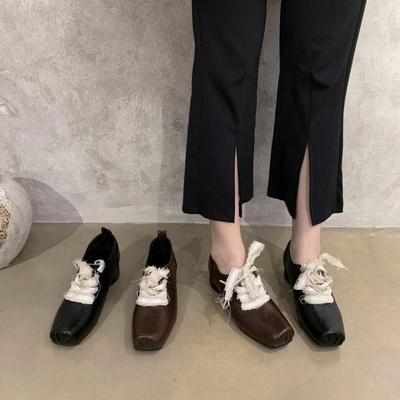 Low Heel Retro Literary Square Head Small Leather Shoes High Sense Thick Heel Front Lace-up Outer Wear Temperament Soft Leather Single Shoes Women