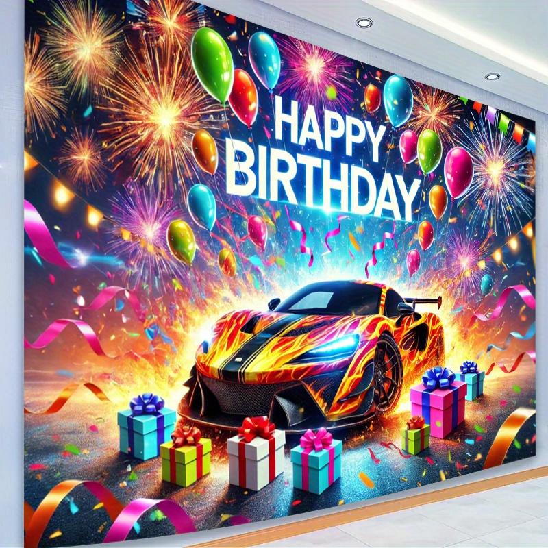 1pc Vibrant sports car birthday party background - polyester banners, fireworks, balloons and gifts, indoor/outdoor decorations
