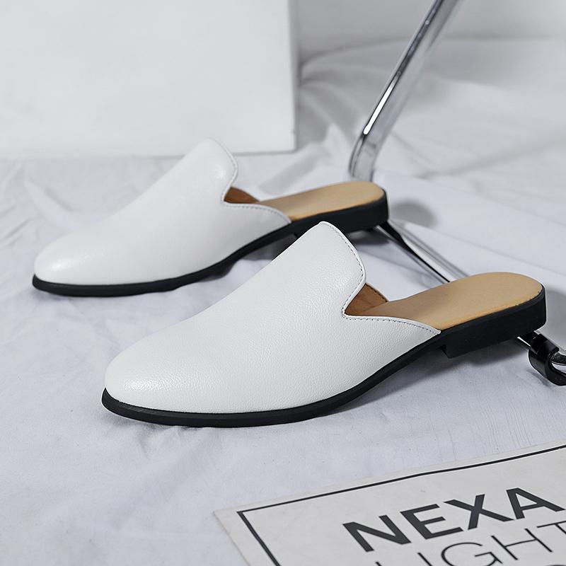 

Fashion Summer Men Slippers PU Flat Heel One Step Casual Business High Quality Half Slippers British Style Size 38-47 Men Half Slippers 47 белый