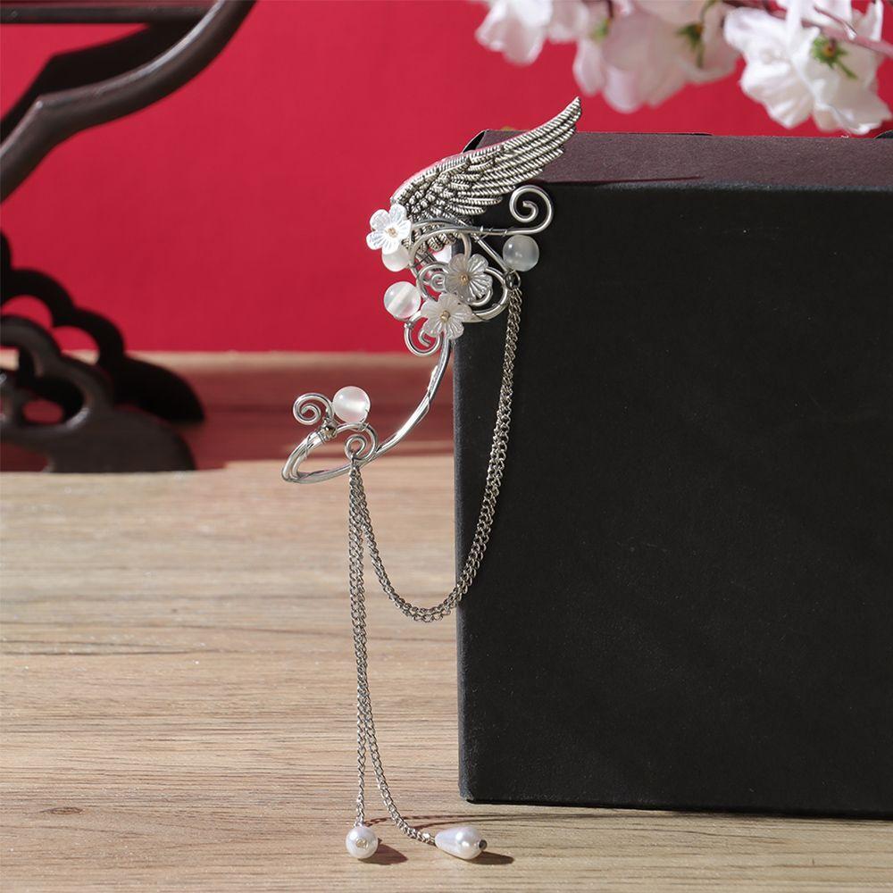 Charm Fairy Long Tassel Elf Ear Cuff Wrap Wings Resin Flowers No Piercing Elven Clip On Earrings For Women Cosplay Cosplay