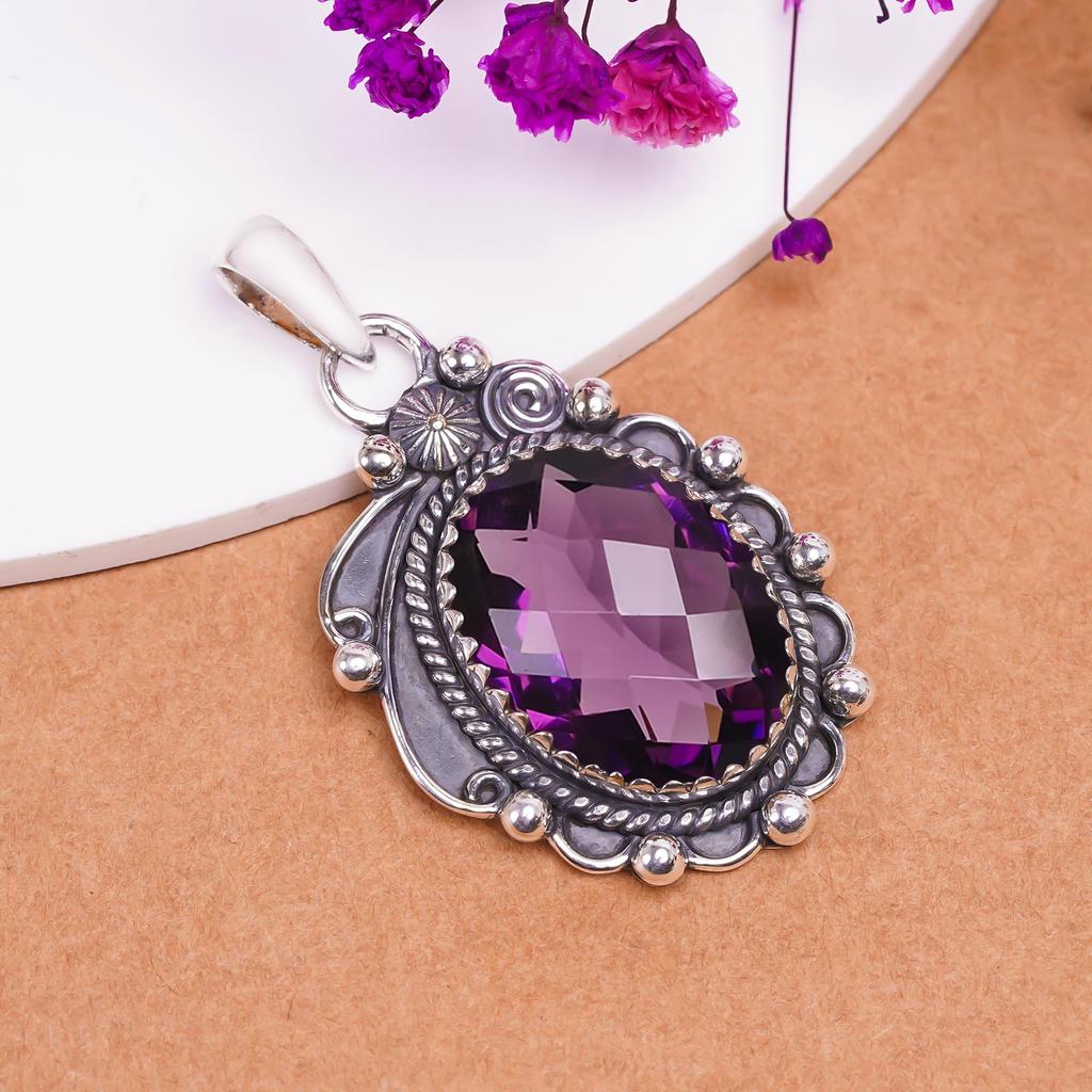 Purple Amethyst 925 Sterling Silver Pendant V7787, Purple Pendant, Oval Pendant, Valentin's Day Gift, Gift For Her, Birthday Gift, Handmade Jewelry, S