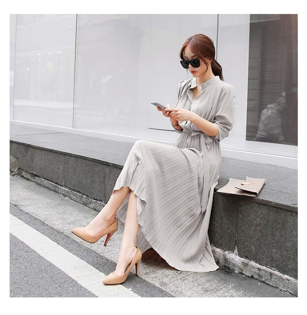 JINJUDUO Long Sleeve Pleated Fashionable Plain Button Closure Long Dress with Waistband and Belt Women's Autumn/Winter Dress, (Gray, XX-Large)