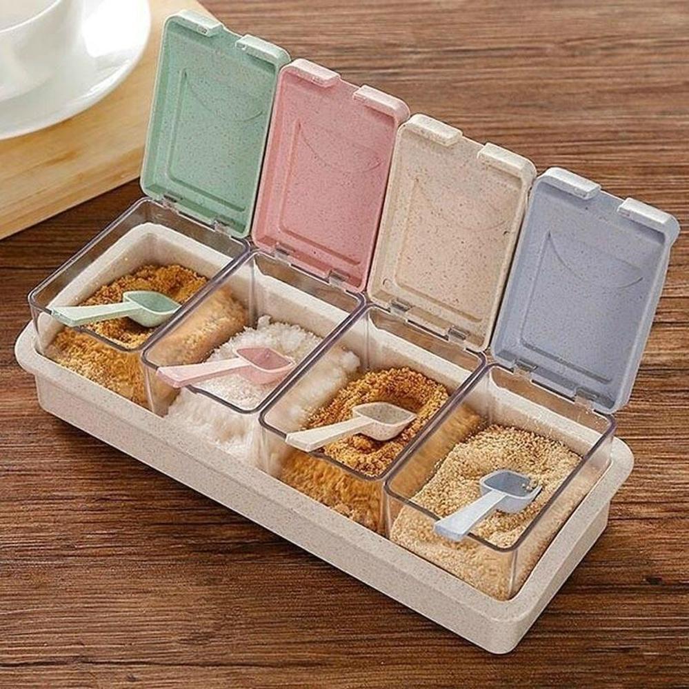 4 Grid Wheat Straw Seasoning Box With Spoon Detachable Seasoning Jar Kitchen Seasoning Box Plastic Seasoning Box Bottle Can Set