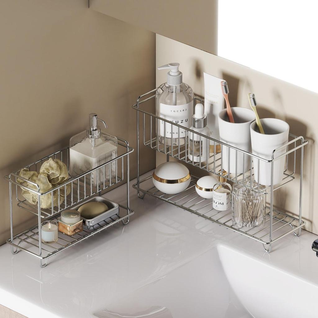 Stainless Steel Double Layer Kitchen Cutlery & Bathroom Drain Basket, Punch-Free Storage Rack for Cosmetics & Household Items