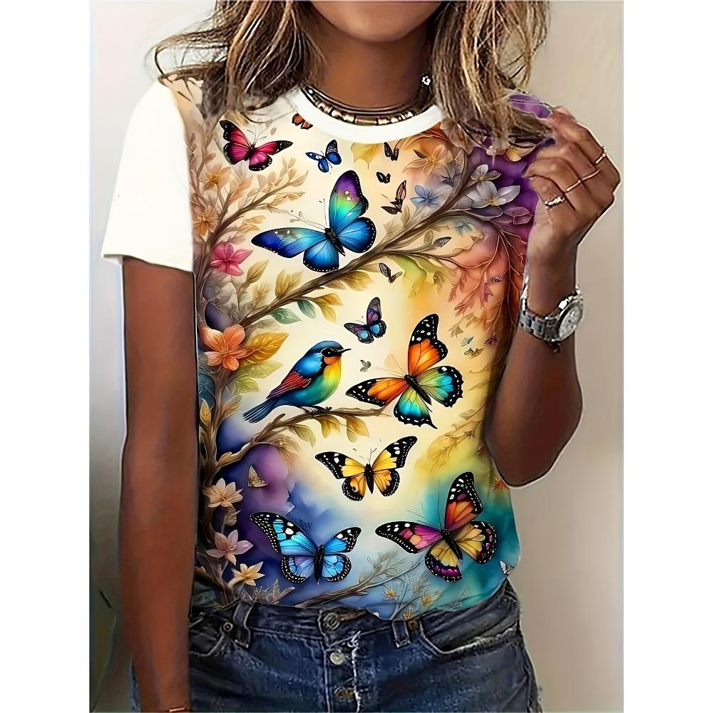 

Blue Fantasy Women s Tee - Glowing Butterfly Graphic, Vibrant Iridescent Print Design for Casual Daily Wear XL