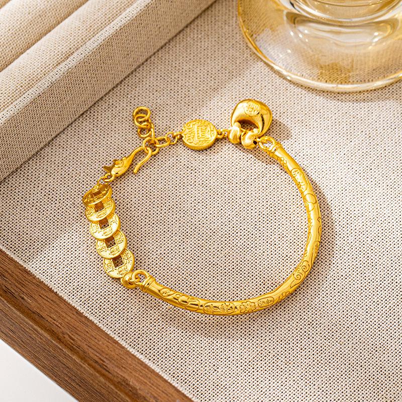 Five Emperors Coin Bracelet Retro Palace Style Fat Fortune Hammer Pattern Half Bracelet Bracelet Women s One Size(16-22CM)