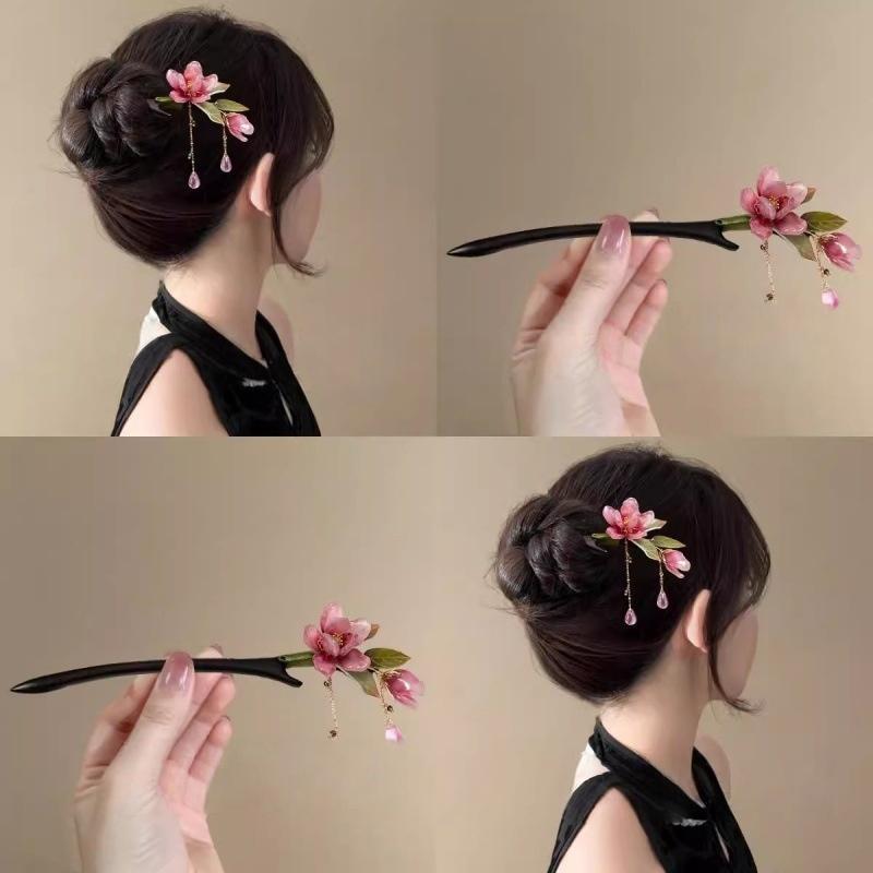 Floral Hair Stick Chinese Hairpin, Pink Flower Tassel Retro Traditional Hanfu Elegant Hair Accessory For Women Daily Party