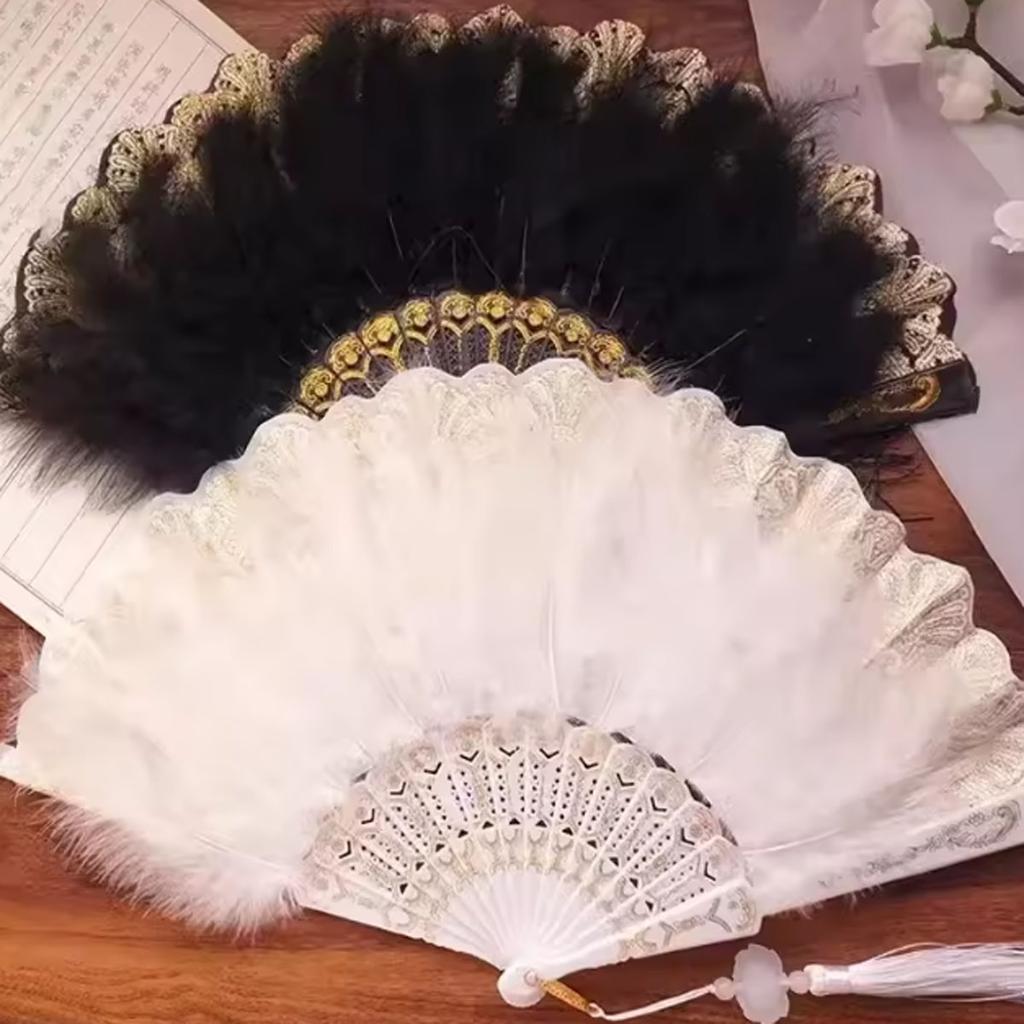 1pc-Vintage Simulation Feather Lace Fan with Gold Stamping Feather Fan in White