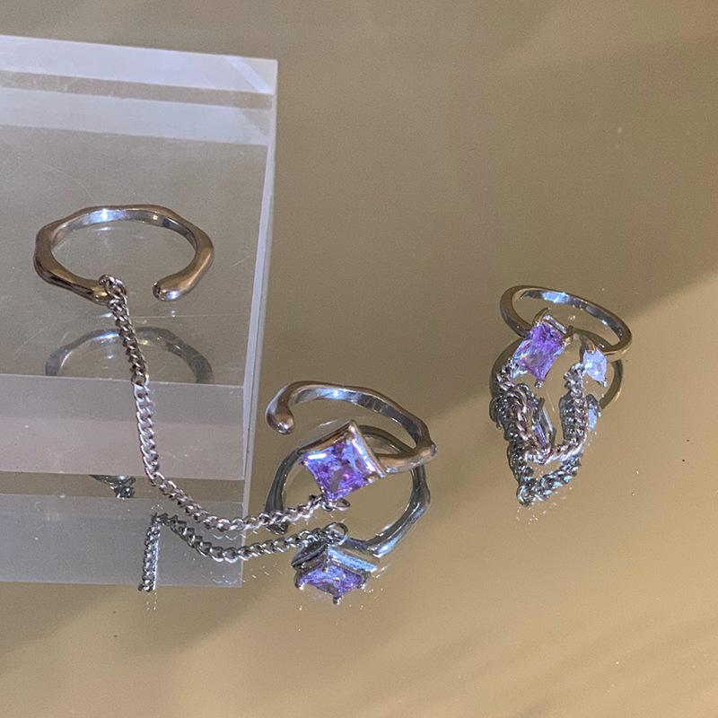 Niche Design High-End Geometric Square Inlaid Zircon Purple Chain Set Open Sweet Cool Wind Ring Women
