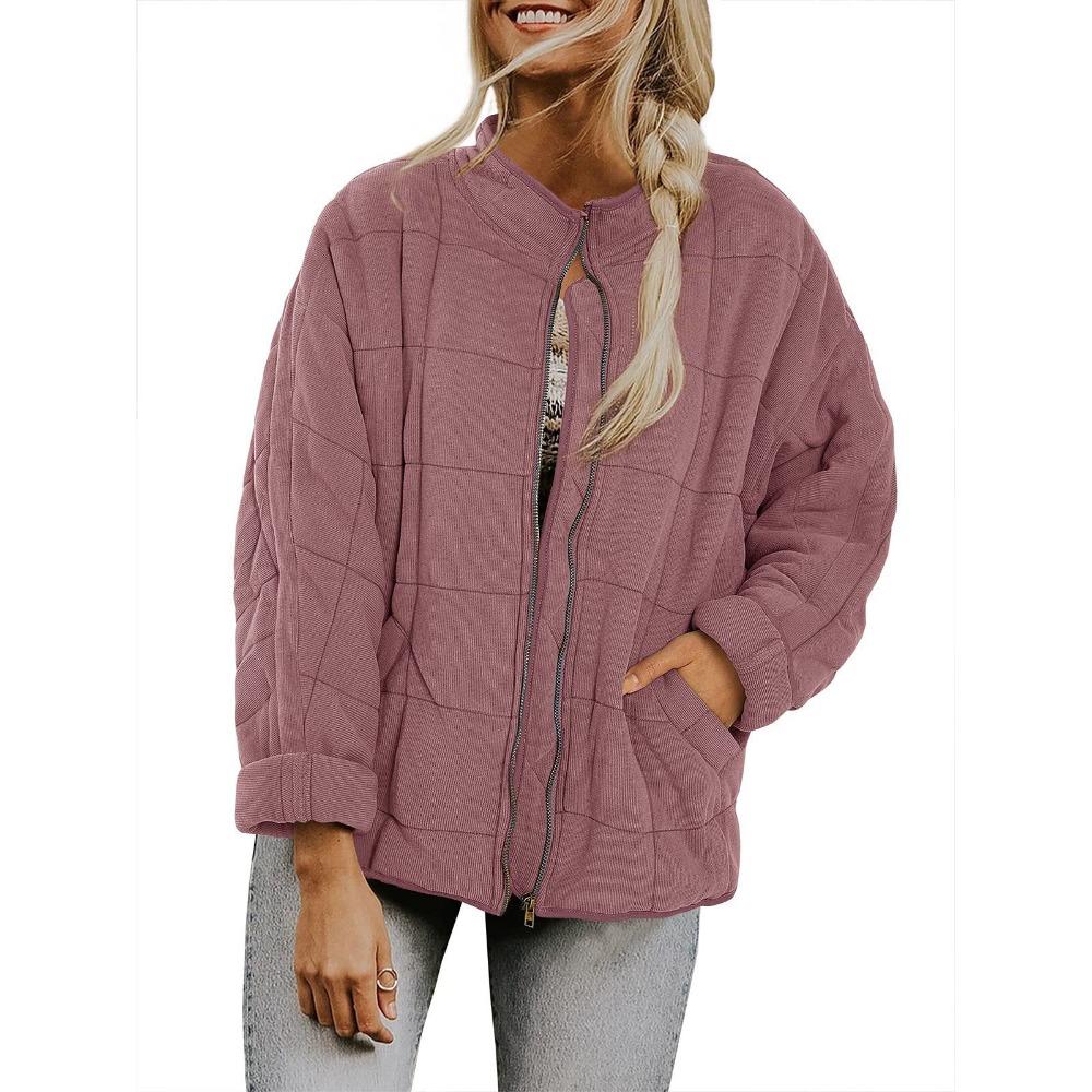 Women's Stand Collar Long Sleeve Jacket Oversized Casual Polyester Quilted Coat Solid Color Pocket Padded Outerwear