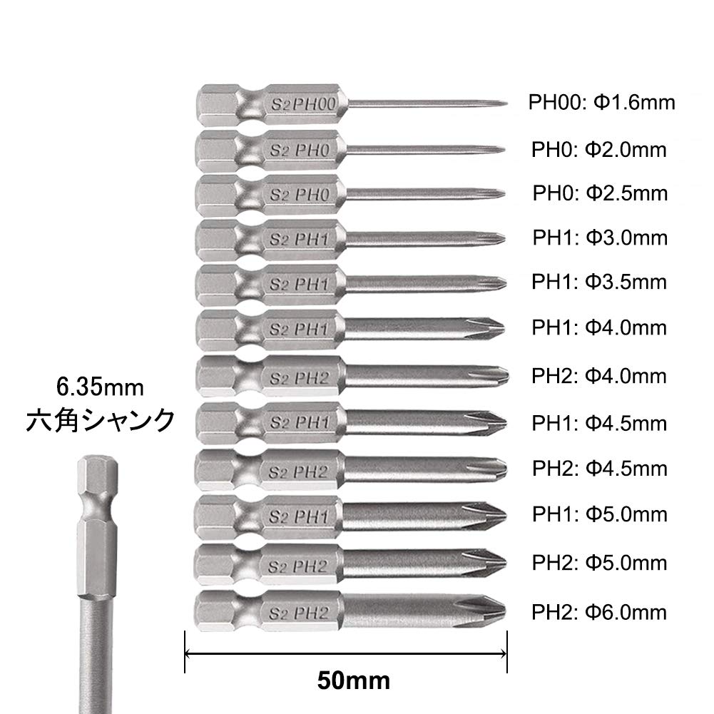 Saipor Magnetic Crosshead Driver Hex S2 Power Screwdriver Drill Bit Tool 12-Piece Bits, 6.35mm (1/4") Shank, Steel, Bits, (50mm)