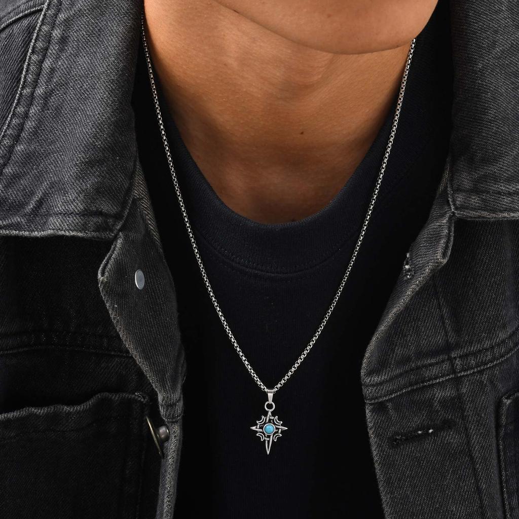Turquoise Natural Stone Geometric Pendant Necklace for Men Male, Stainless Steel Moon Star Charm Waterproof Fashion Jewelry Gift