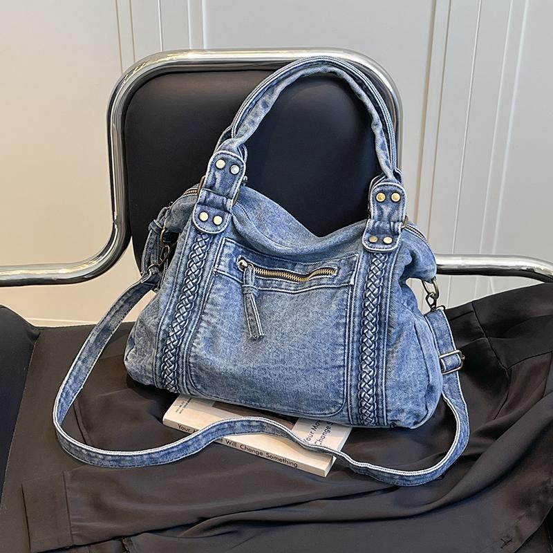 Vintage Denim Handbag with Braided Details Large Capacity Shoulder Crossbody Bag for Women