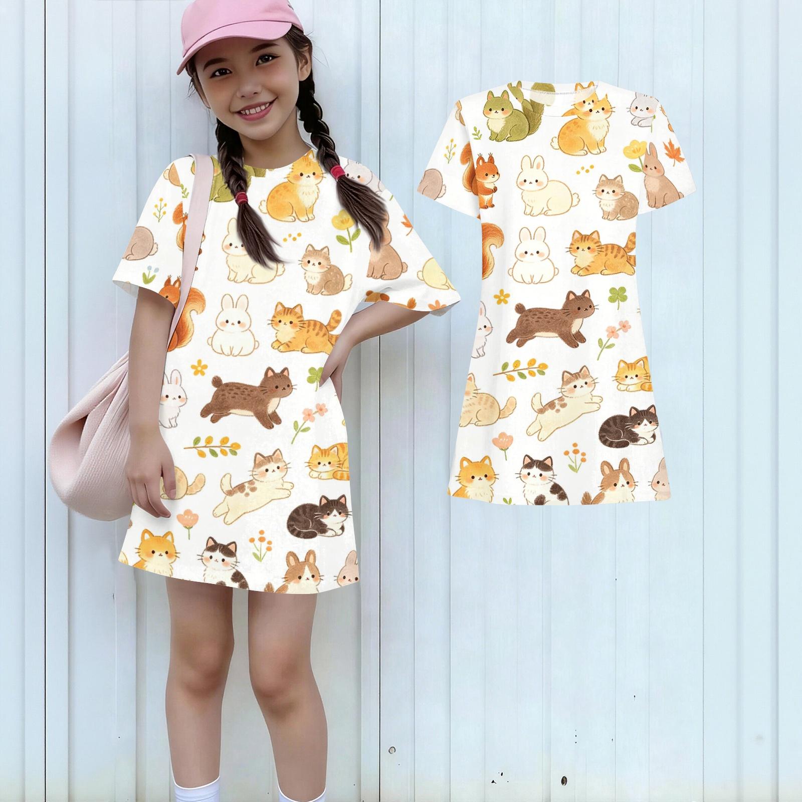 

Girls Loose Fit Short Sleeve Dress Animal Print Lightweight Casual Round Neck Summer Dress for Kids 160 бежевый
