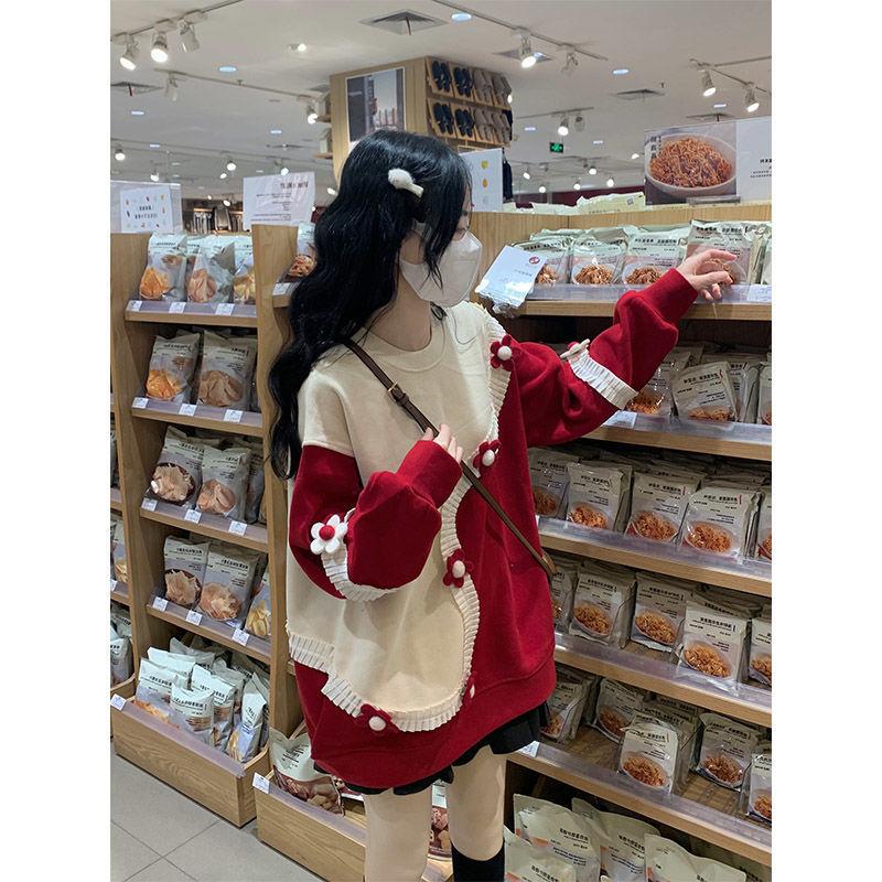 Women 3D Floral Contrasting Hoodies Japanese Sweet Style Wavy Sweatshirt Autumn Loose Ladies Round Neck Pullover Tops