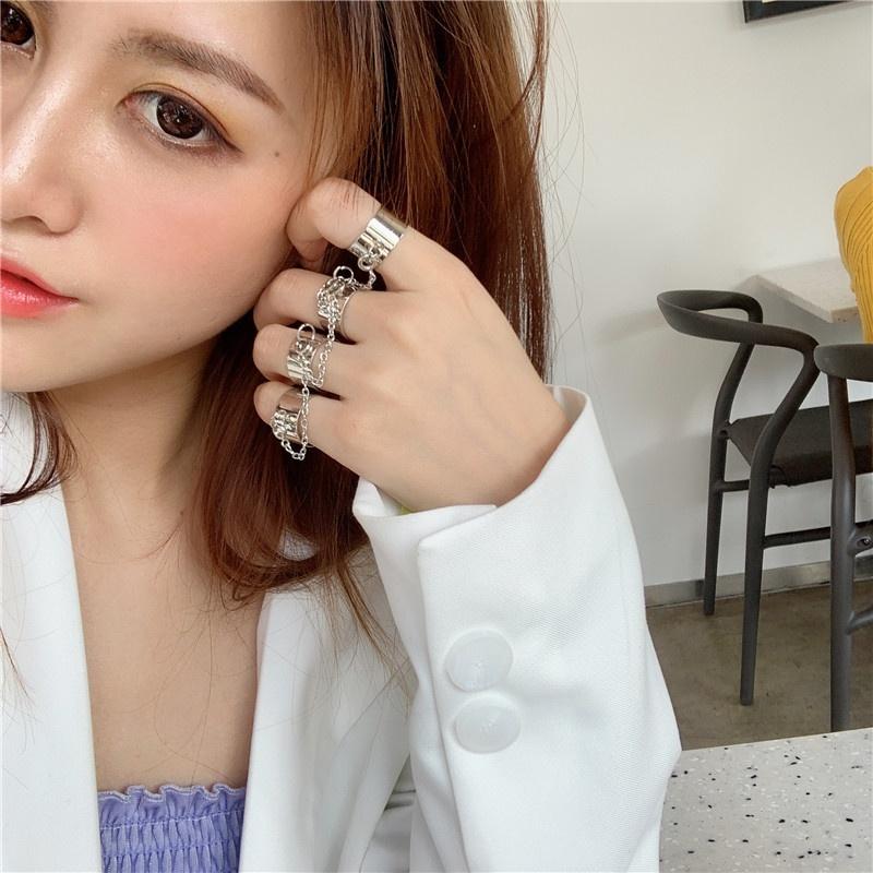 Net Celebrity Bungee Chain Combination Ring Punk Fan Opening Male and Female One-piece Dark Ring Index Finger Ring