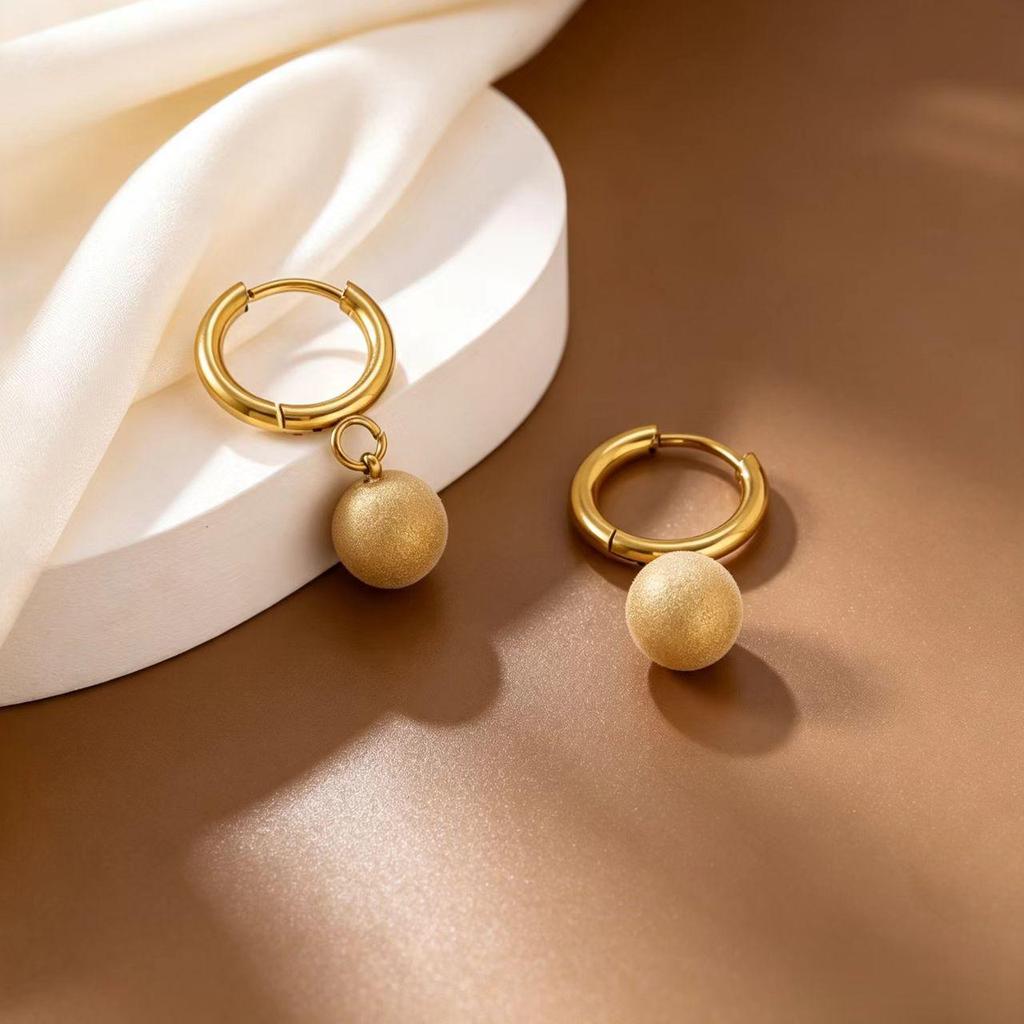 Frosted Gold Titanium Steel Round Bead Stud Earrings - Light Luxury Dangle Circle Earrings for Women